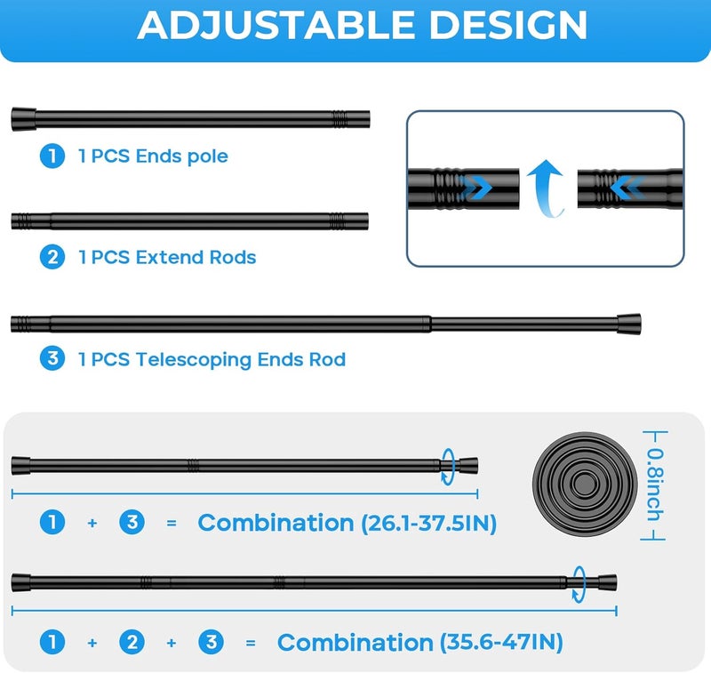 MEXAU 2PCS Small Tension Curtain Rod 27 to 46 Inch,Black Short Curtain Rods No Drilling,Loaded Expandable Spring Curtain Rods for Windows Kitchen,Closet,Cupboard,Door,Bookshelf - Image 3